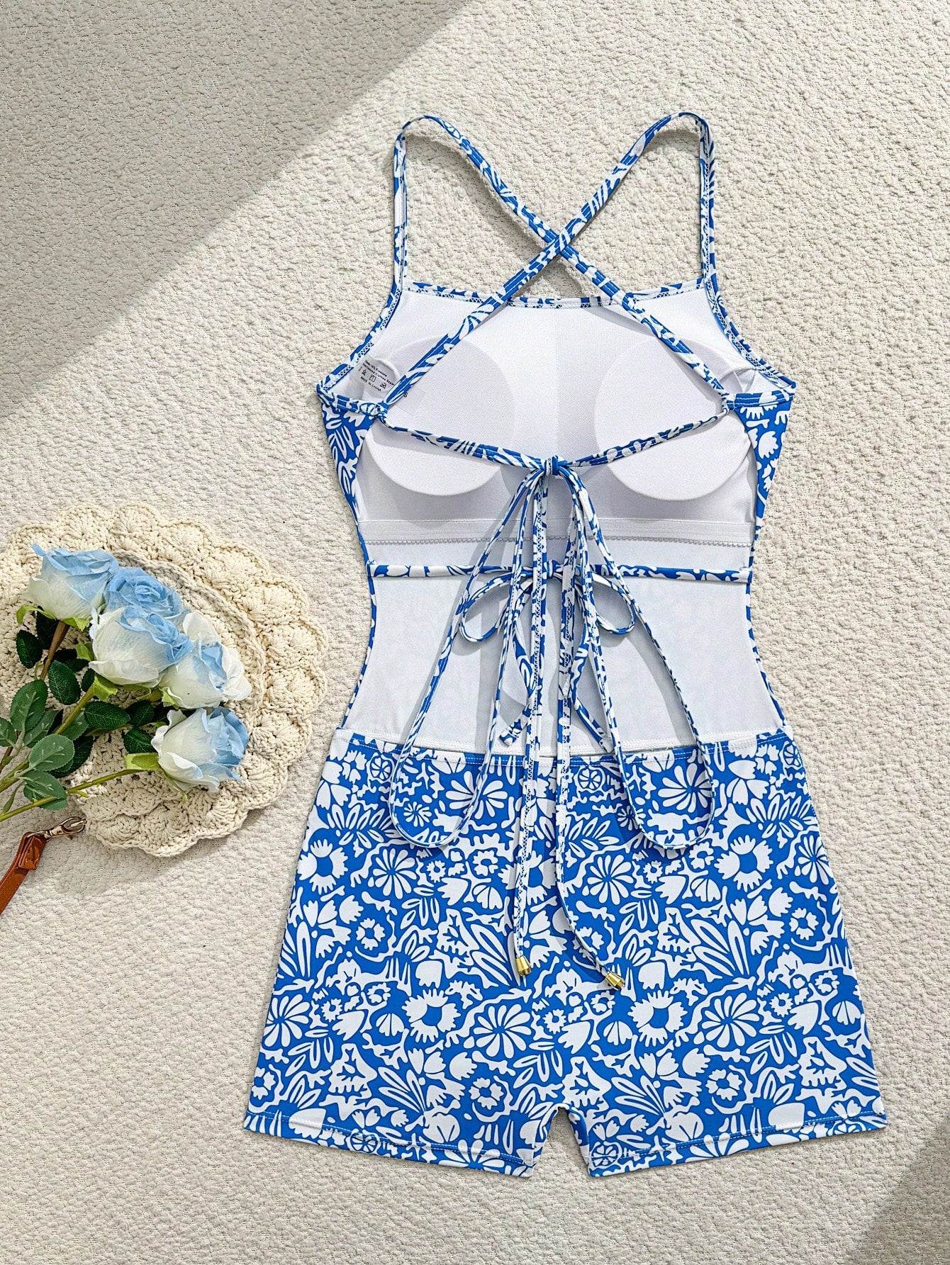 Swim SPRTY Women's Fashionable Beach One-Piece Swimsuit With Tie-Up Straps, Blue Background With White Floral - image 9