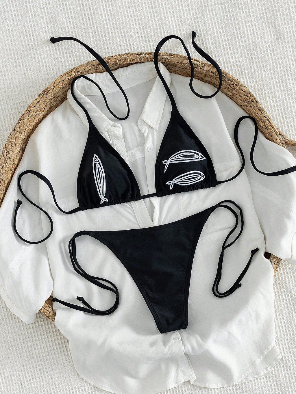 New 2-Piece Set Women's Elegant Sexy Cute Y2K Style Pure Black Triangle Bikini S