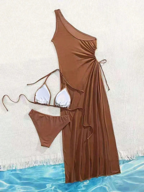2026 New 3pcs Brown Swimwear Set For Women, Spaghetti Strap Bikini With Mesh Cov