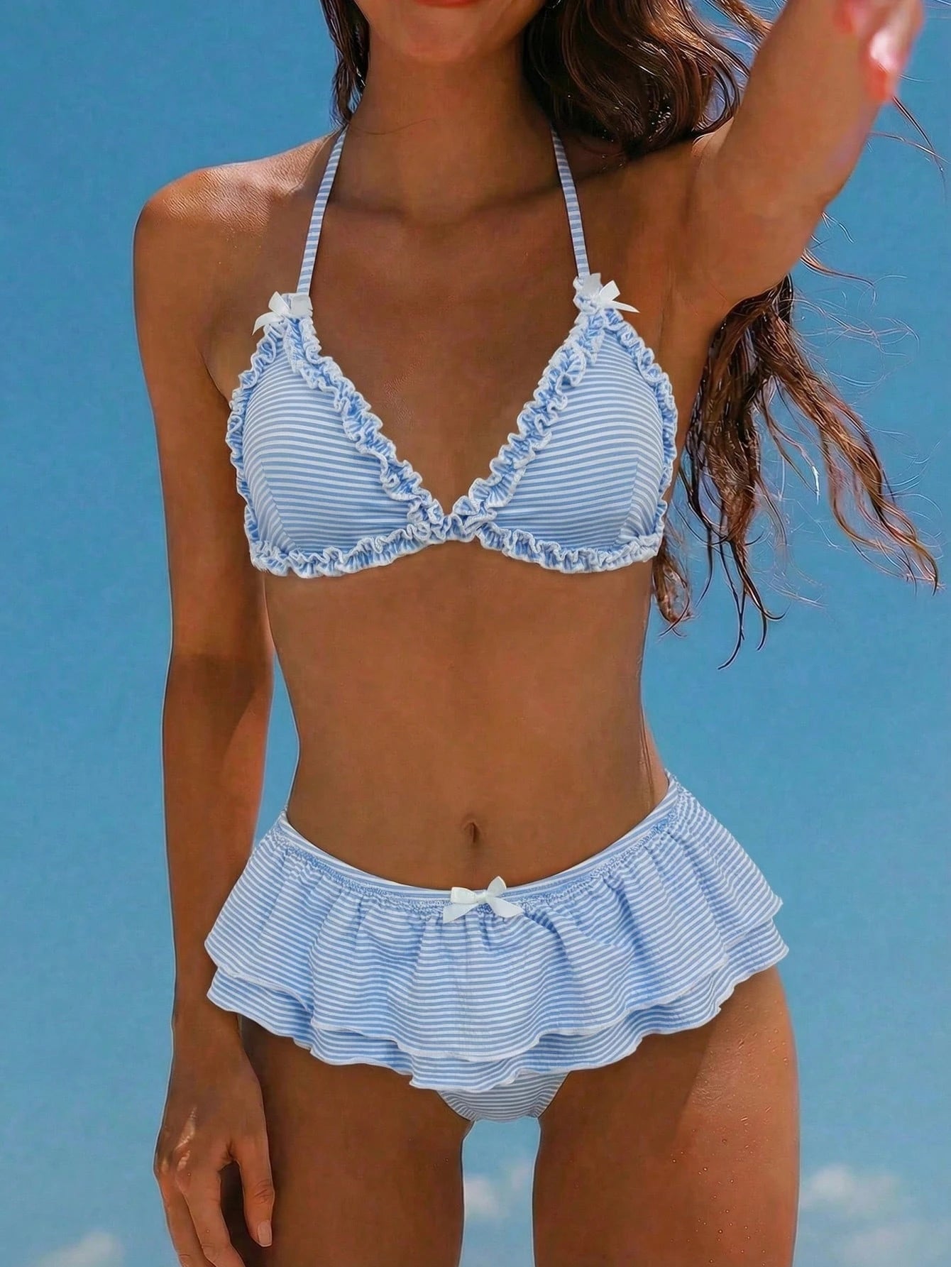 Swim Mod Women's Blue And White Striped Bikini Set,Cute Ruffle Bow