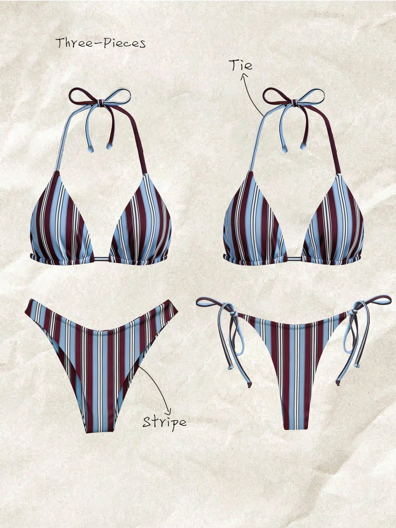 Elavelle 3pcs Women's Random Print Halter High Cut Bikini Set,