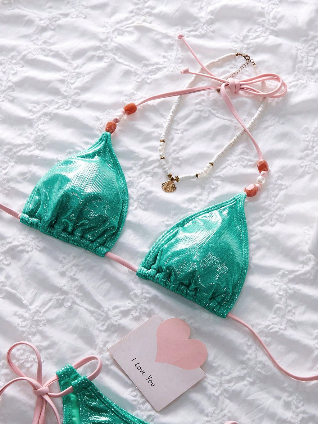 Women's Spring/Summer New Metallic Fabric Beaded Sexy Sweet 3-Piece