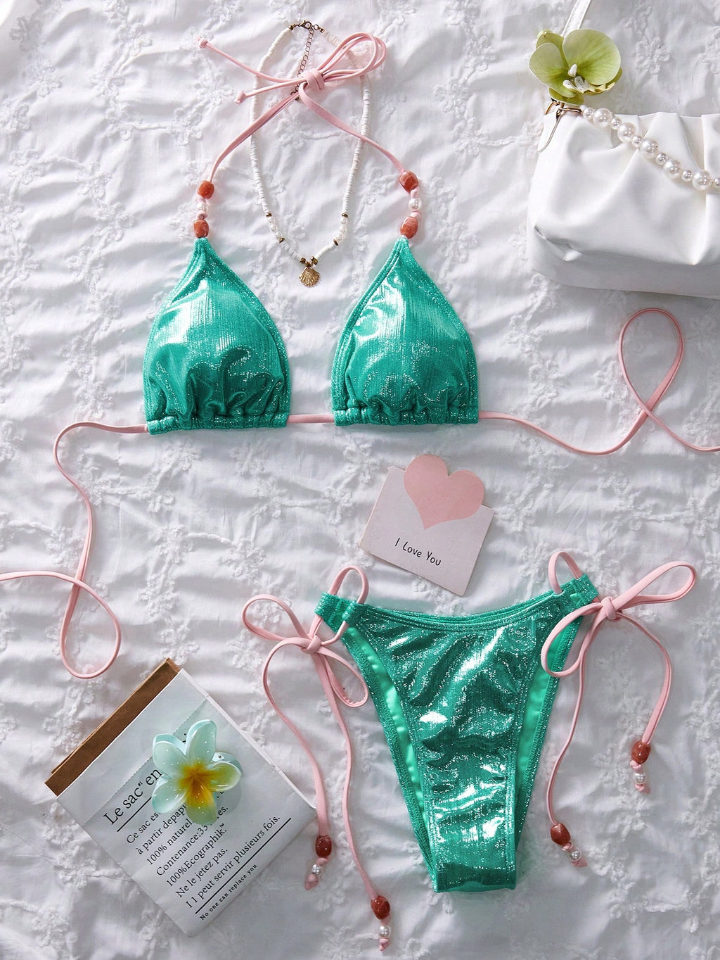 Women's Spring/Summer New Metallic Fabric Beaded Sexy Sweet 3-Piece