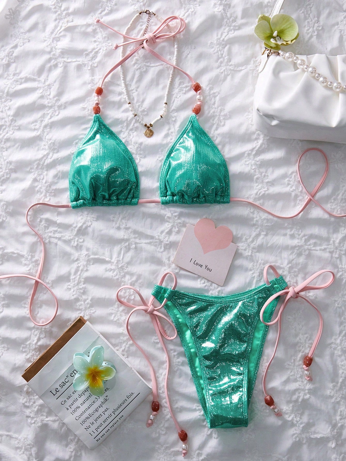Women's Spring/Summer New Metallic Fabric Beaded Sexy Sweet 3-Piece