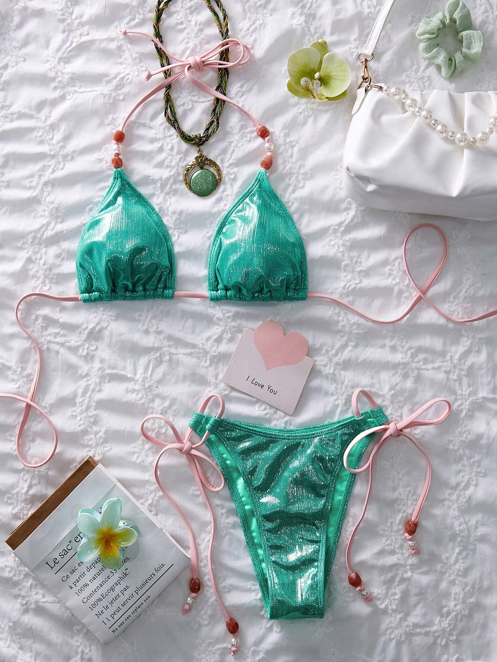 Women's Spring/Summer New Metallic Fabric Beaded Sexy Sweet 3-Piece