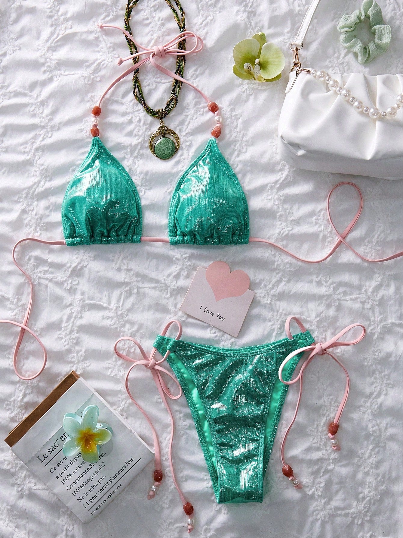 Women's Spring/Summer New Metallic Fabric Beaded Sexy Sweet 3-Piece