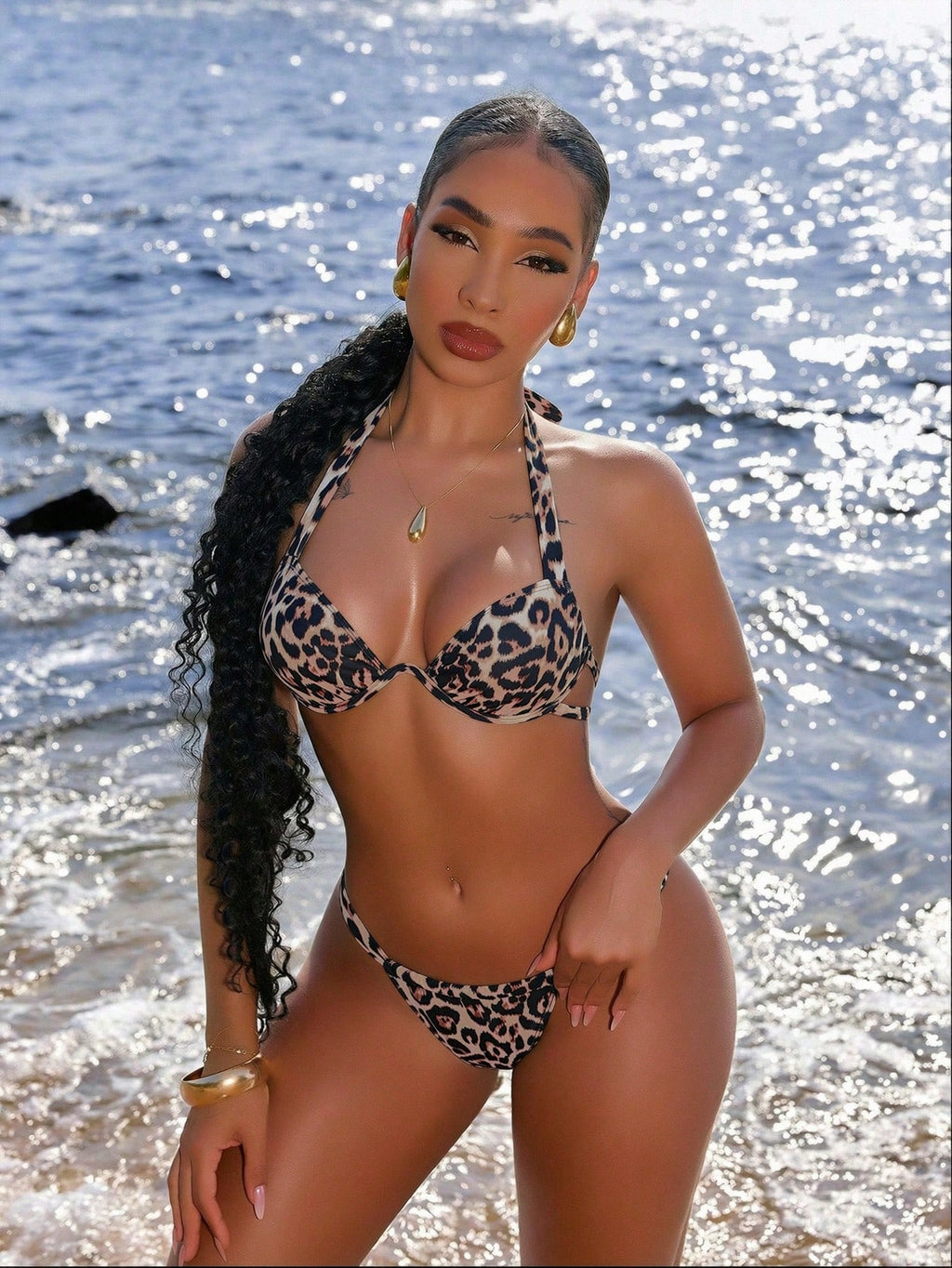 Swim SXY Leopard Print Halter Crop Top And Thong Bikini Set