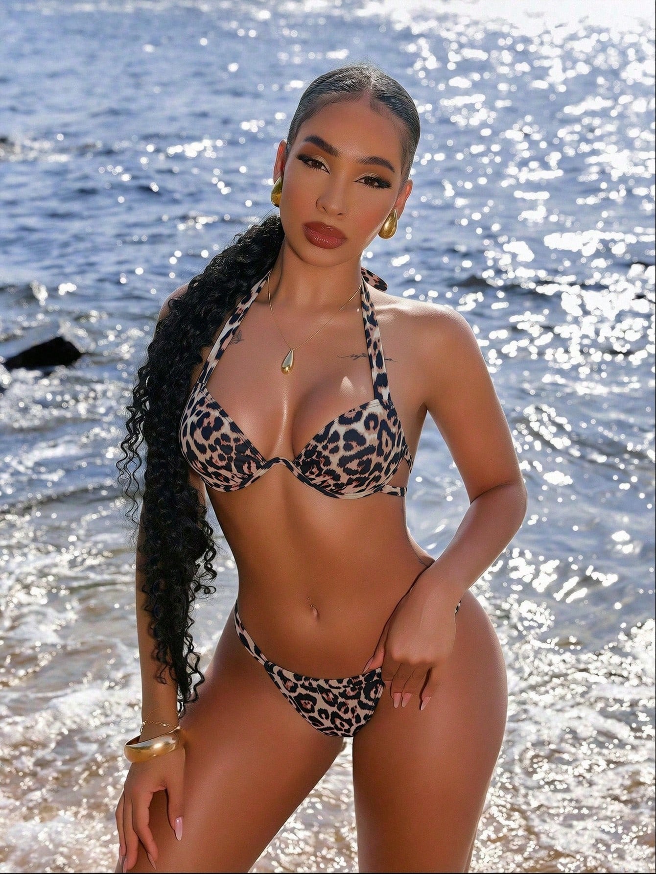 Swim SXY Leopard Print Halter Crop Top And Thong Bikini Set
