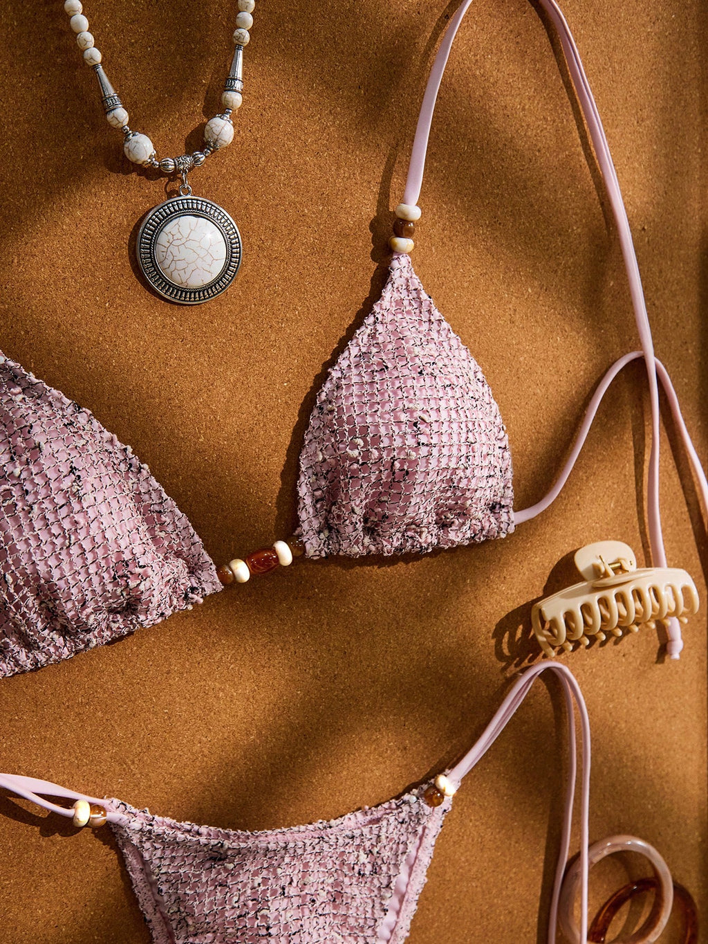 Women's Crochet Beaded Halter Backless Sexy Bikini Set, Bohemian