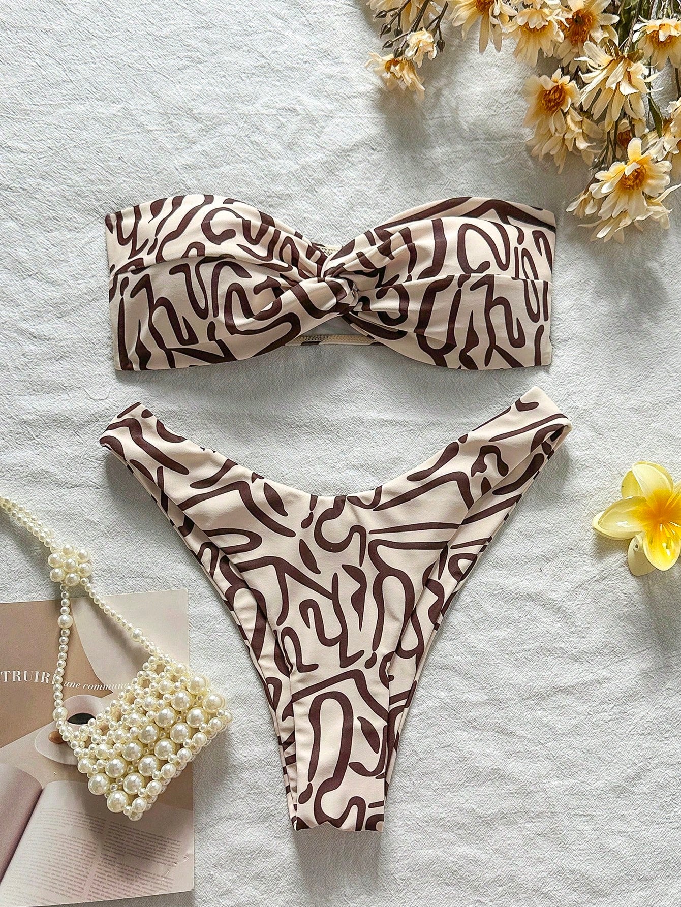 Swim Mod Multicolor Sleeveless Textured Pattern Bandeau Bikini Set For Women High Cut Swimwear Short Length - image 17