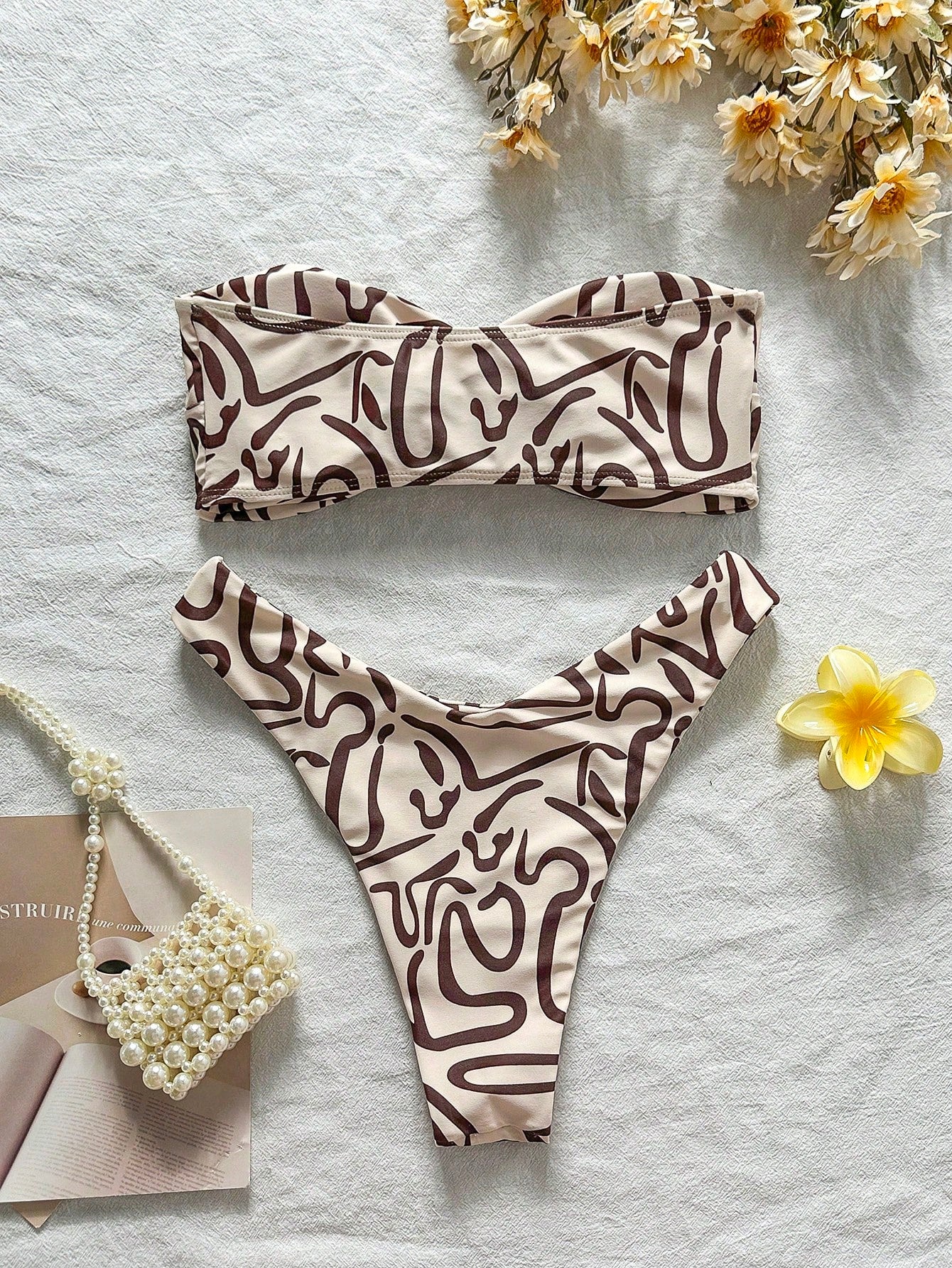 Swim Mod Multicolor Sleeveless Textured Pattern Bandeau Bikini Set