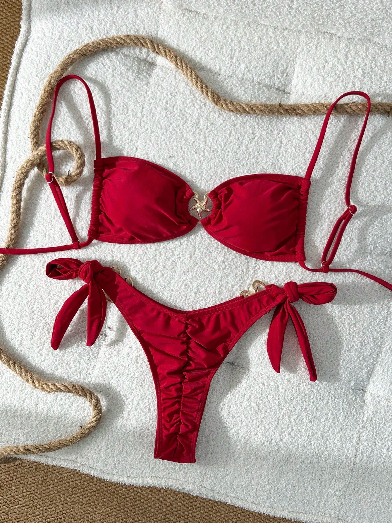 Swim Mod Women's Red Plain Boho Spaghetti Strap Tie Back Tie Side Bikini Set Sty