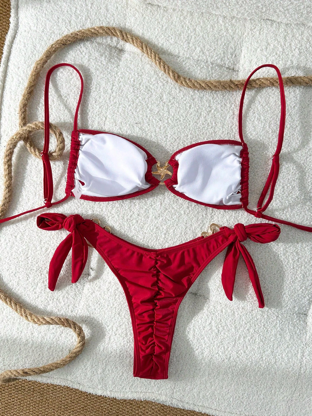 Swim Mod Women's Red Plain Boho Spaghetti Strap Tie Back Tie Side Bikini Set Sty