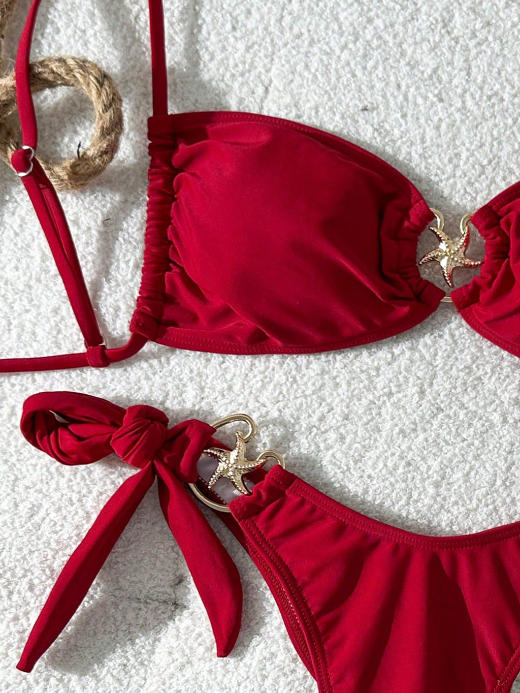 Swim Mod Women's Red Plain Boho Spaghetti Strap Tie Back Tie Side Bikini Set Sty