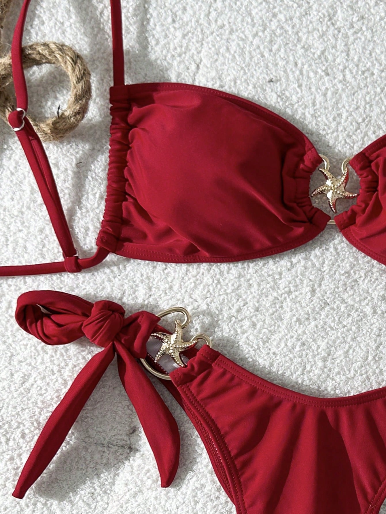 Swim Mod Women's Red Plain Boho Spaghetti Strap Tie Back Tie Side Bikini Set Sty