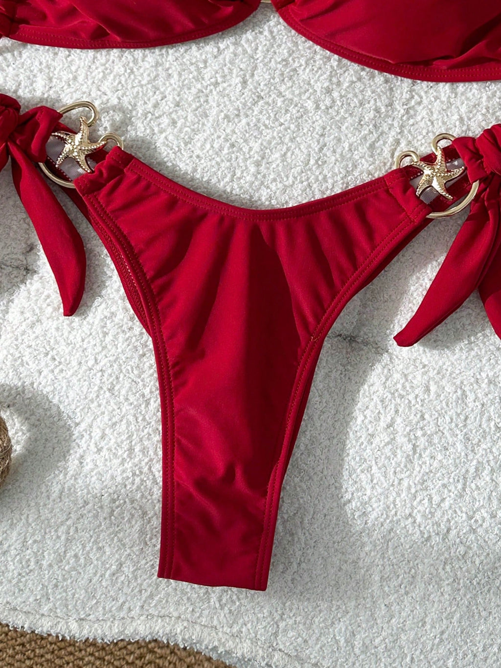 Swim Mod Women's Red Plain Boho Spaghetti Strap Tie Back Tie Side Bikini Set Sty