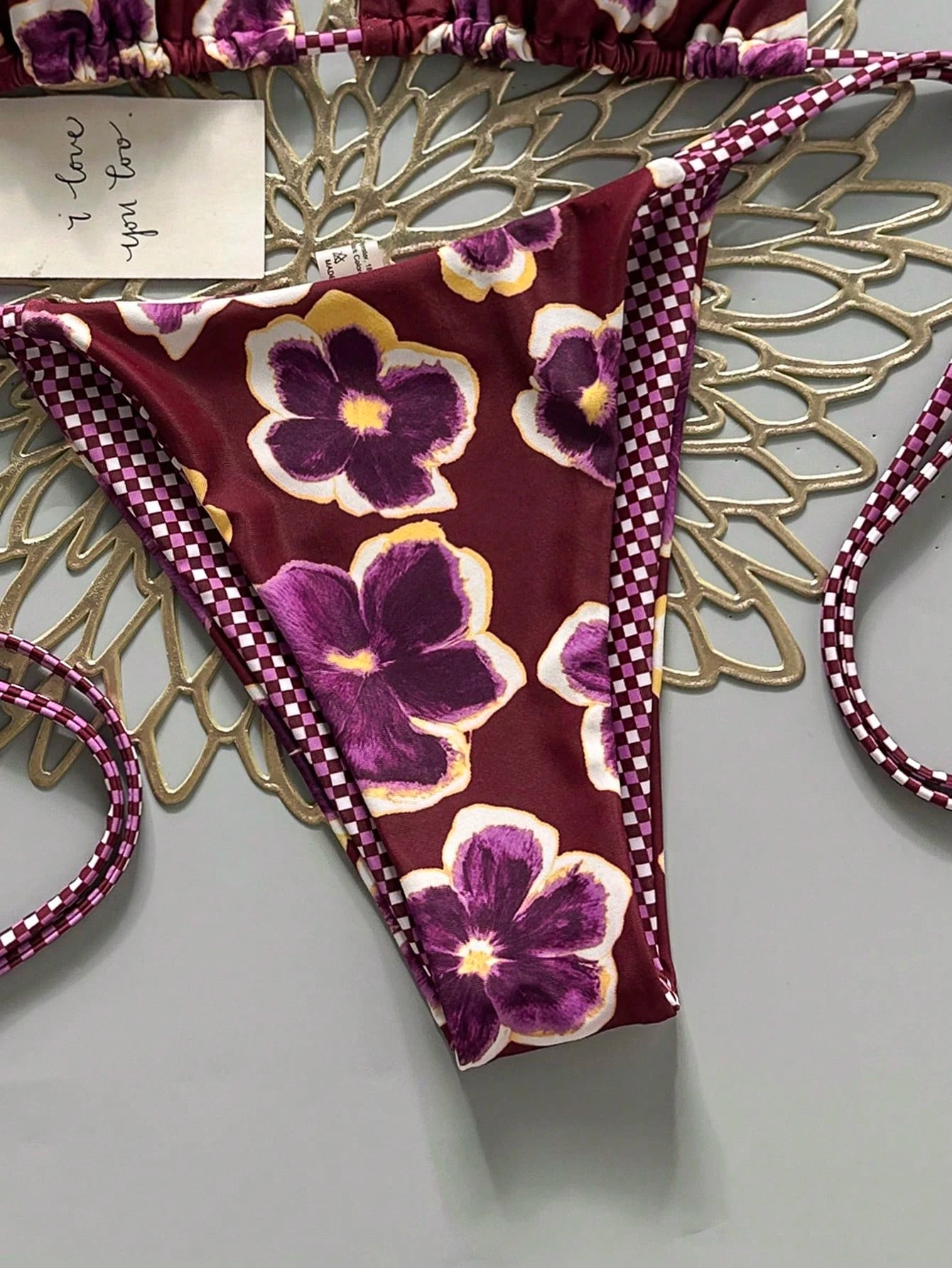 2pcs Retro Floral Colorblock Plaid Print Bikini Swimwear, Suitable