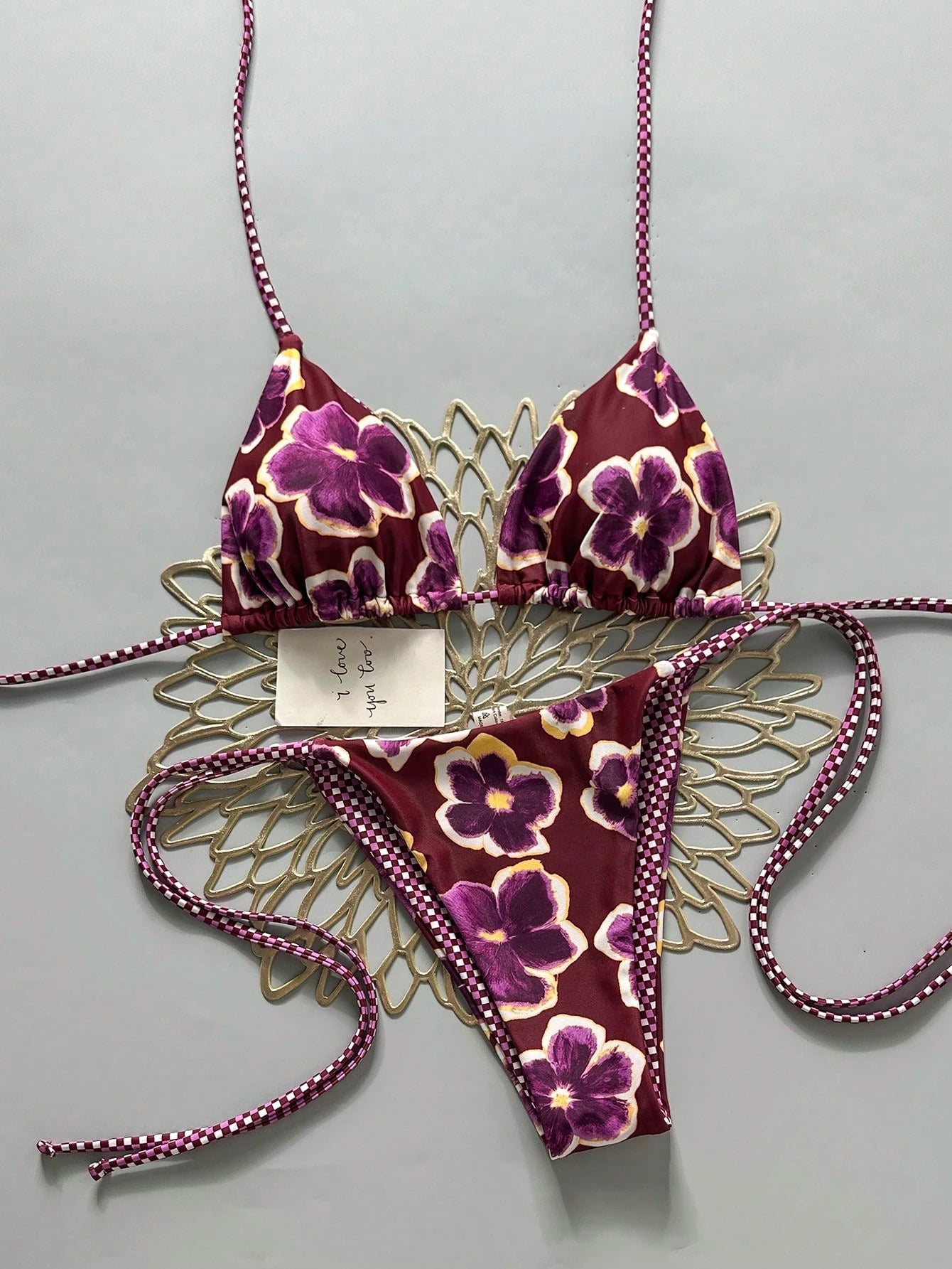 2pcs Retro Floral Colorblock Plaid Print Bikini Swimwear, Suitable