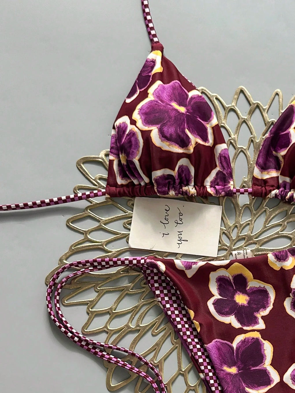 2pcs Retro Floral Colorblock Plaid Print Bikini Swimwear, Suitable