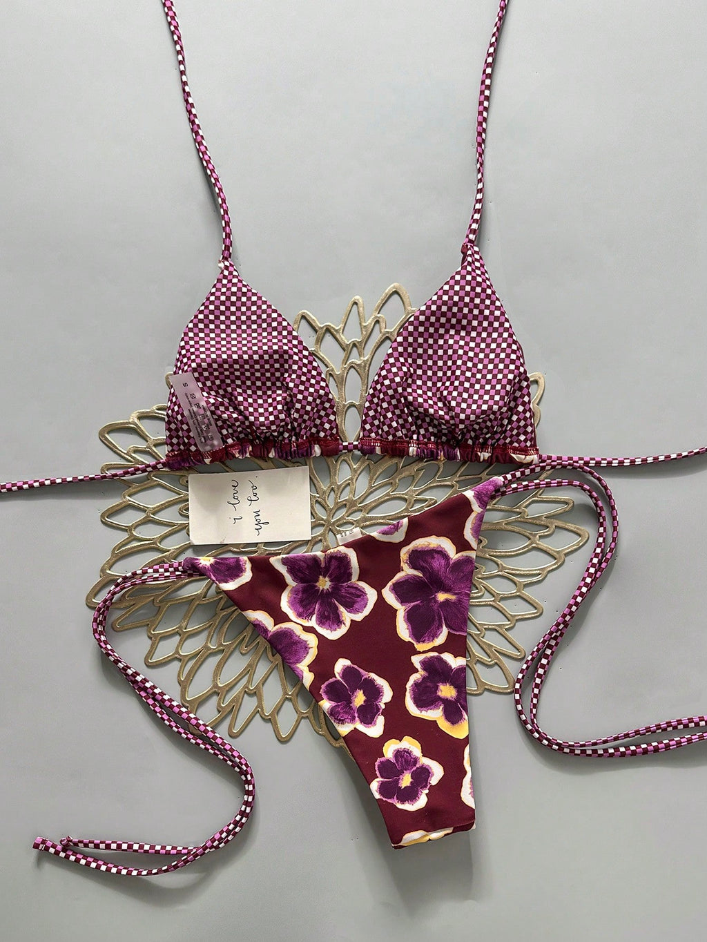 2pcs Retro Floral Colorblock Plaid Print Bikini Swimwear, Suitable