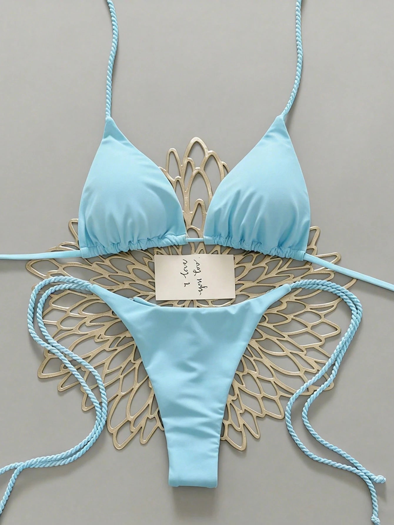 Swim Vcay 2pcs Women Apricot Bikini Swimwear Set, Handmade Rope Decor