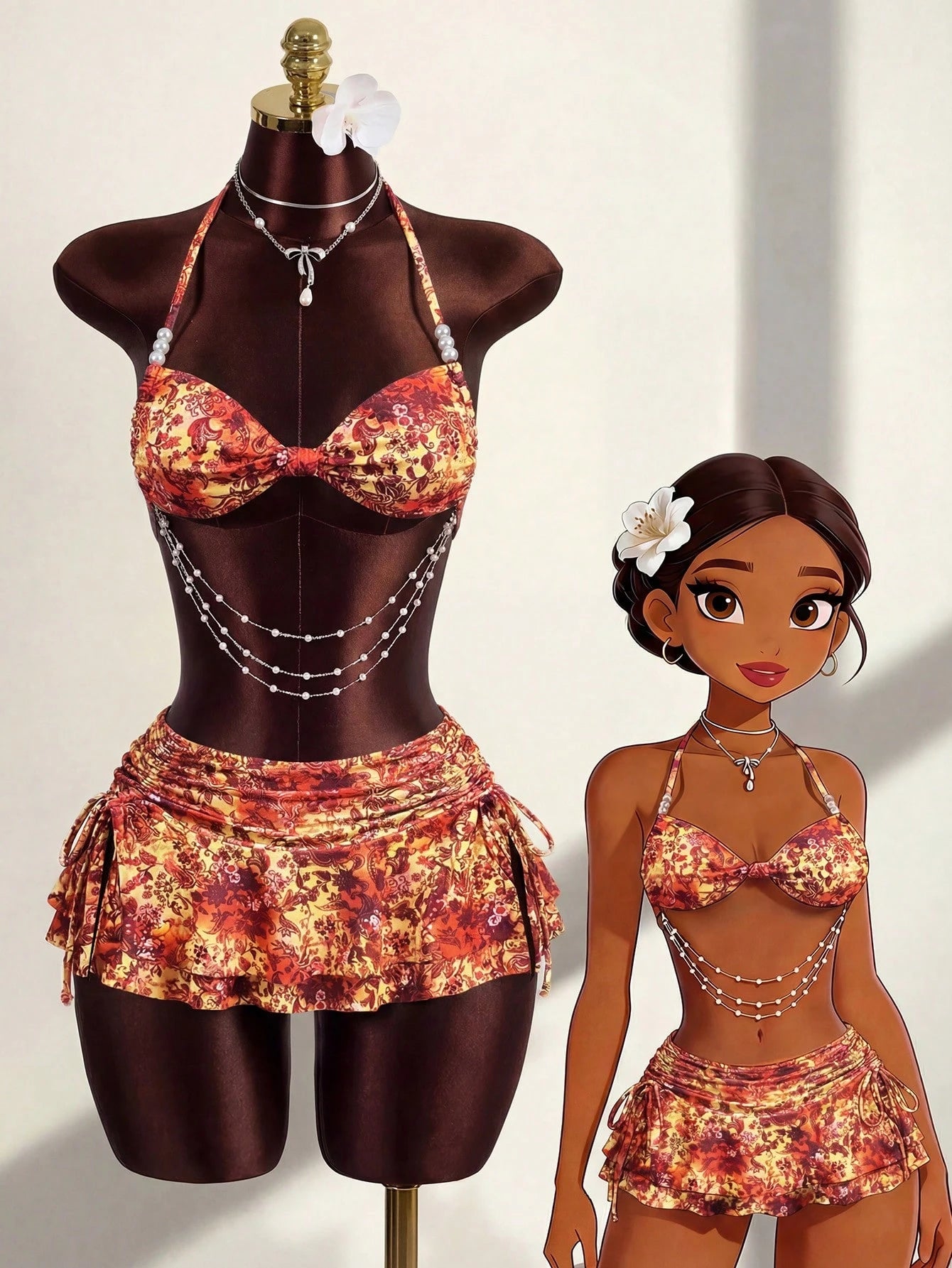 Zestiva 3pcs/Set Brown Summer Boho Sequin Beach Party Holiday Holiday Animal Print Halter Top,Side Drawstring - image 16