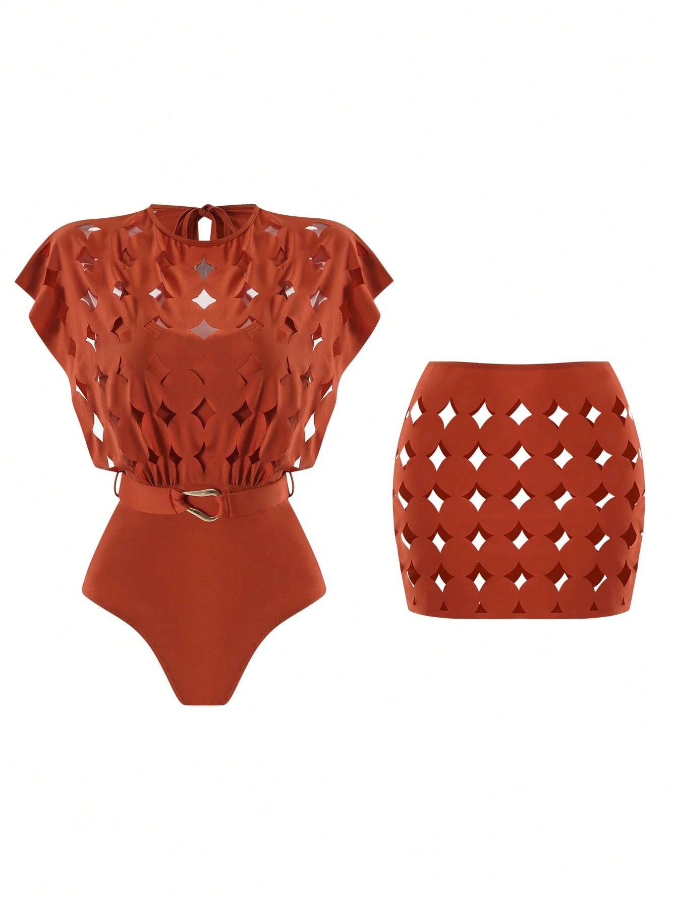 Swim Oasis Hollow-Out Solid Color Round Neck Women's Waist Belt Suit - image 20