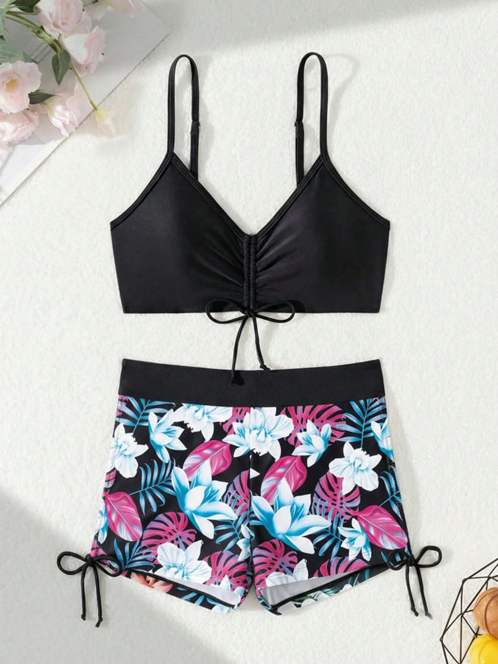 Green Floral Print Wrap-Around Bikini Bottom, Suitable For Various