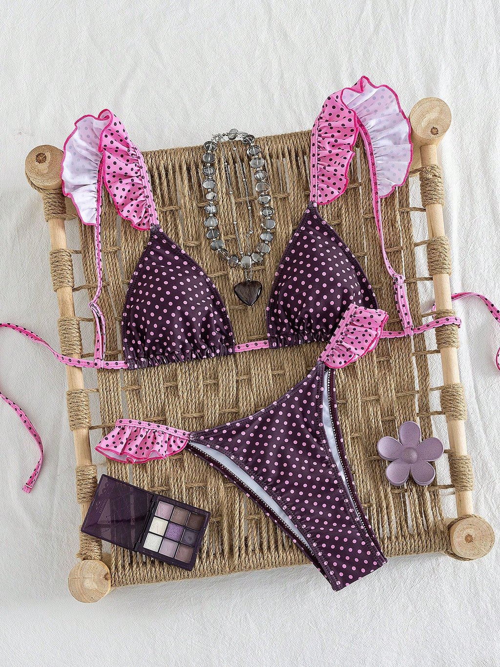 Spring & Summer Women's Sexy Pink & Yellow Plaid Ruffle Trim Bikini