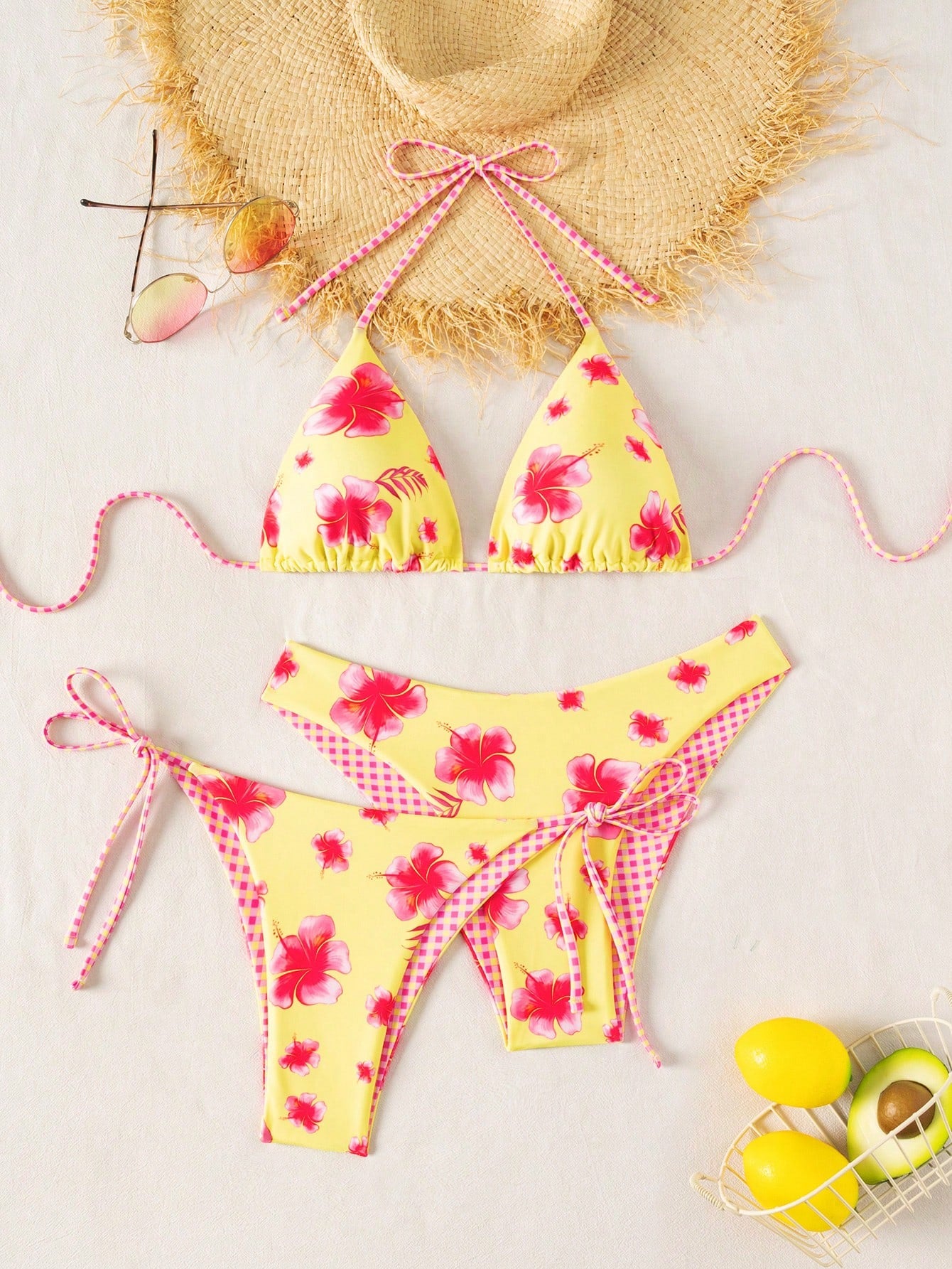 Swim Vcay 3pcs Leopard Print Triangle Bikini Set,Halter Neck Backless