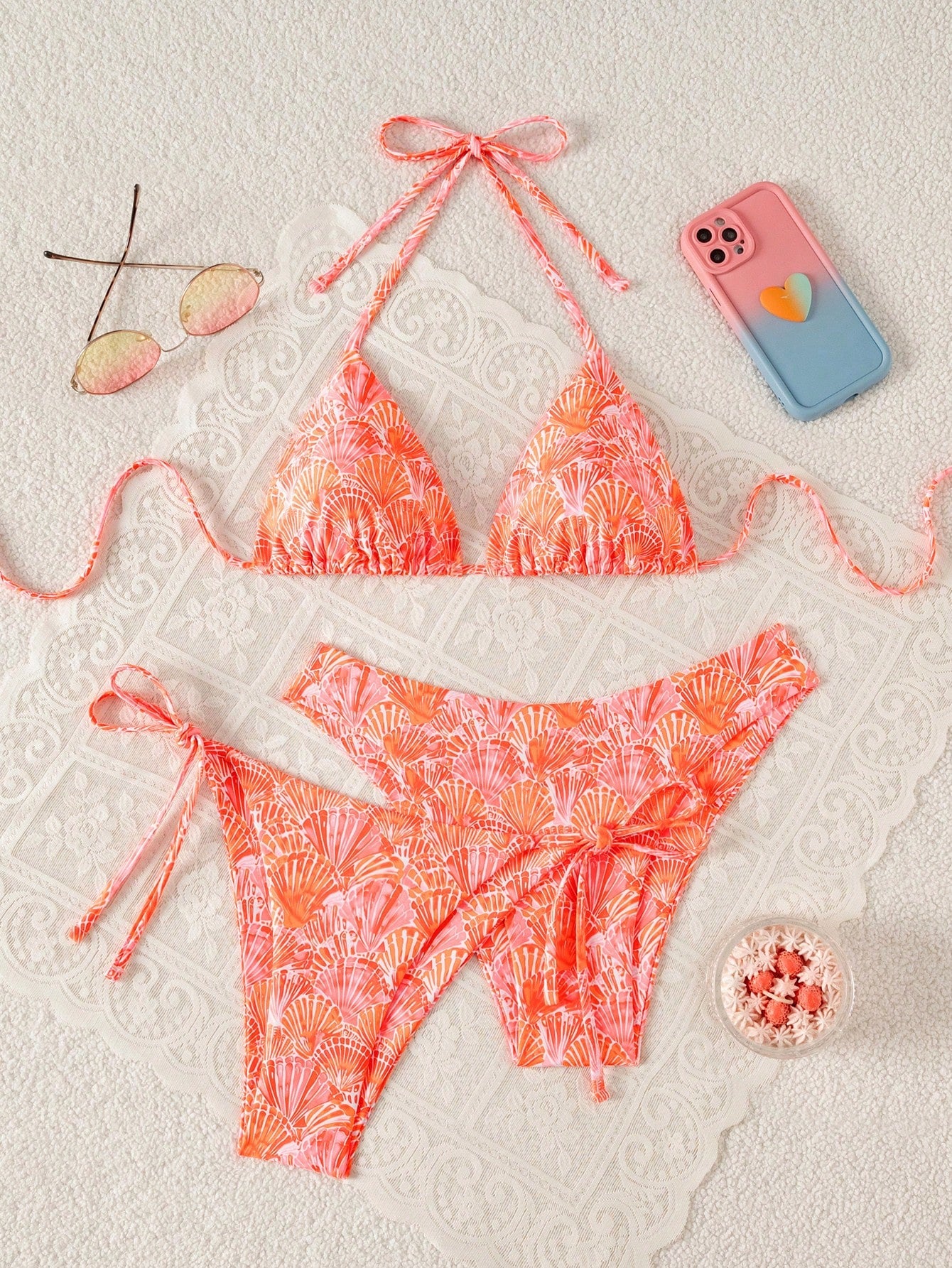 Swim Vcay 3pcs Leopard Print Triangle Bikini Set,Halter Neck Backless