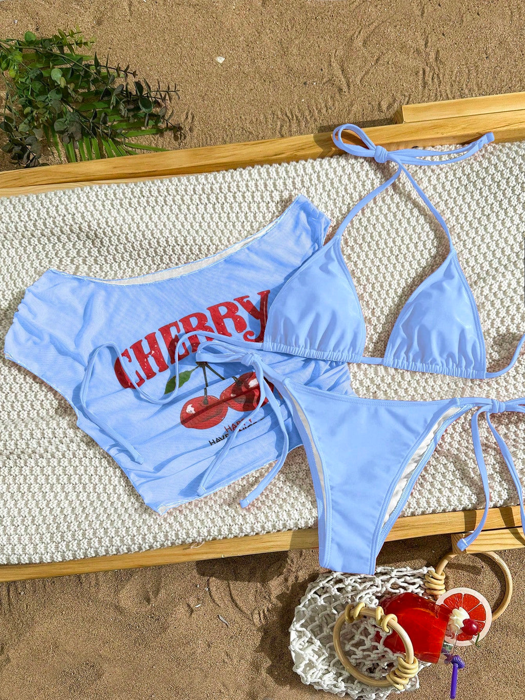 Bonvoyette Women 3-Piece White Floral Bikini Set,Brown Halter