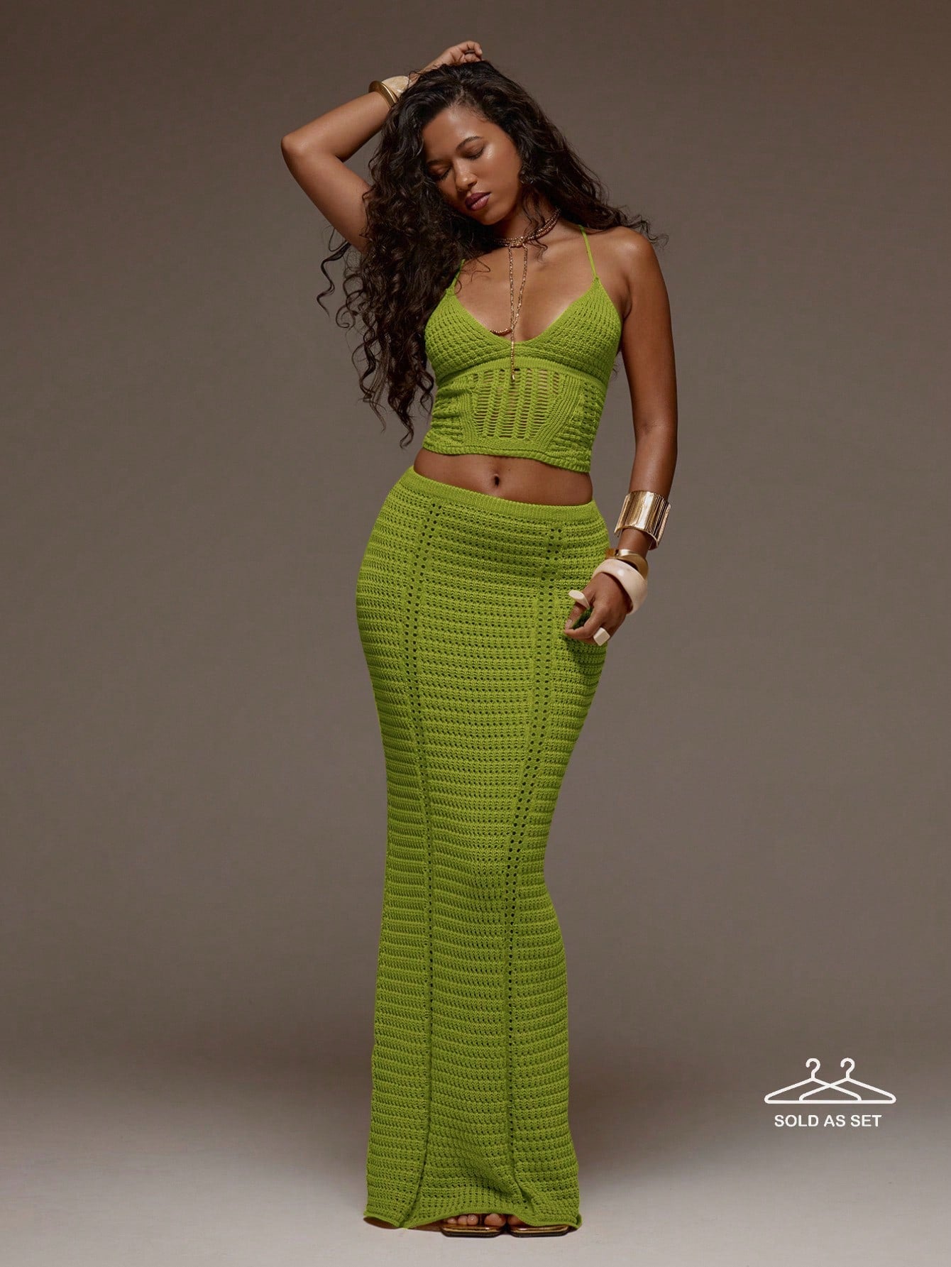MUSERA Crochet Knit Fitted Cami Top And Maxi Skirt Set Co-Ord Spring