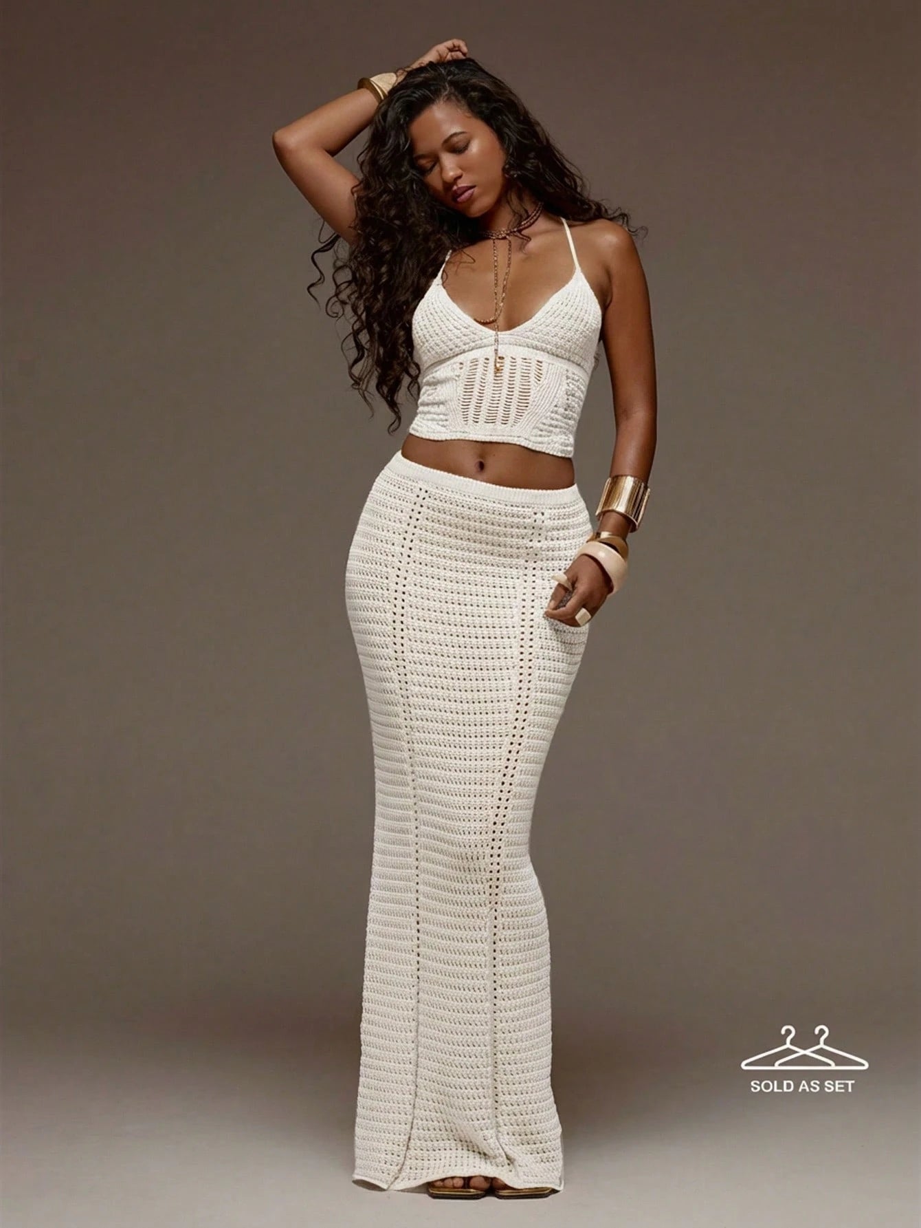 MUSERA Crochet Knit Fitted Cami Top And Maxi Skirt Set Co-Ord Spring