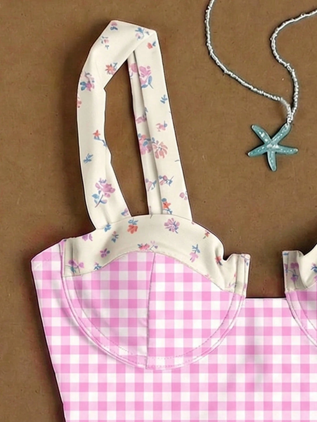 Ladies' Light Blue Floral Plaid Camisole Swimwear For Beach, Sweet Girl Vacation Style Two Pieces Bikini Set - image 8