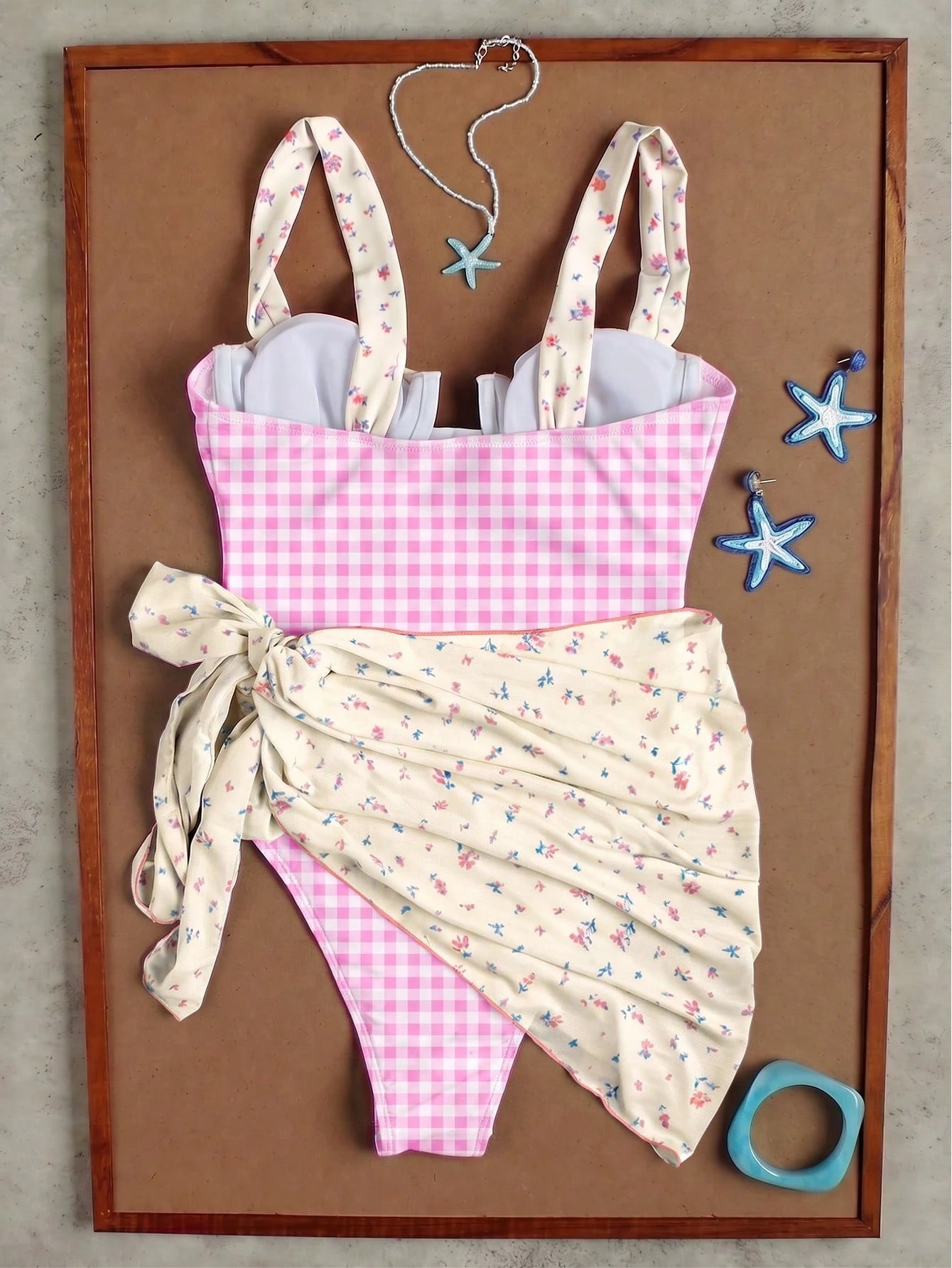 Ladies' Light Blue Floral Plaid Camisole Swimwear For Beach, Sweet Girl Vacation Style Two Pieces Bikini Set - image 7