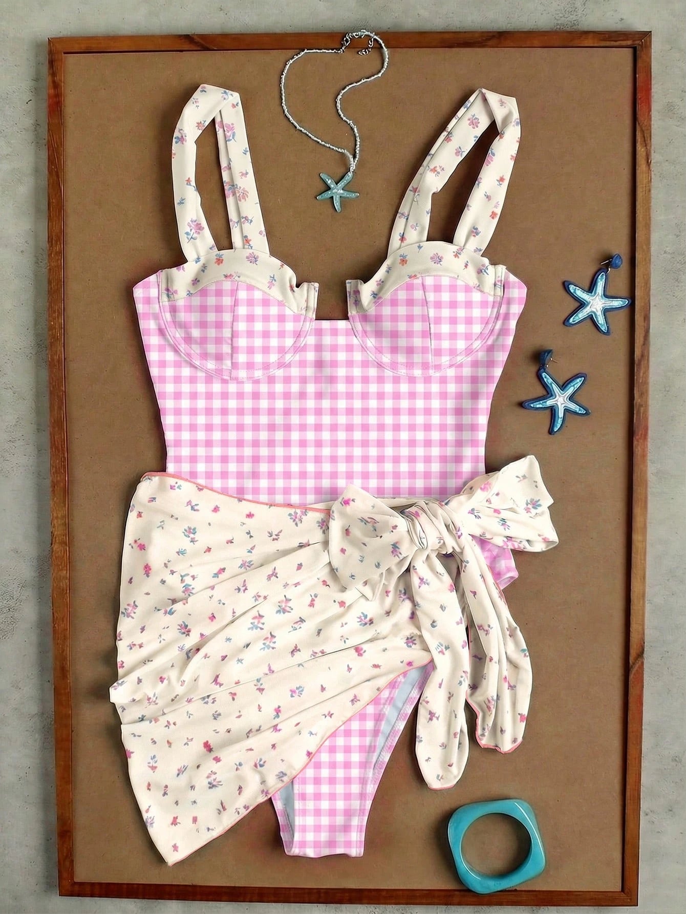 Ladies' Light Blue Floral Plaid Camisole Swimwear For Beach, Sweet Girl Vacation Style Two Pieces Bikini Set - image 6