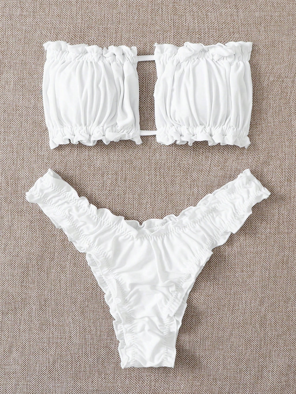 Swim Vcay Summer Beach Ruched Frill Trim Bandeau Bikini Set