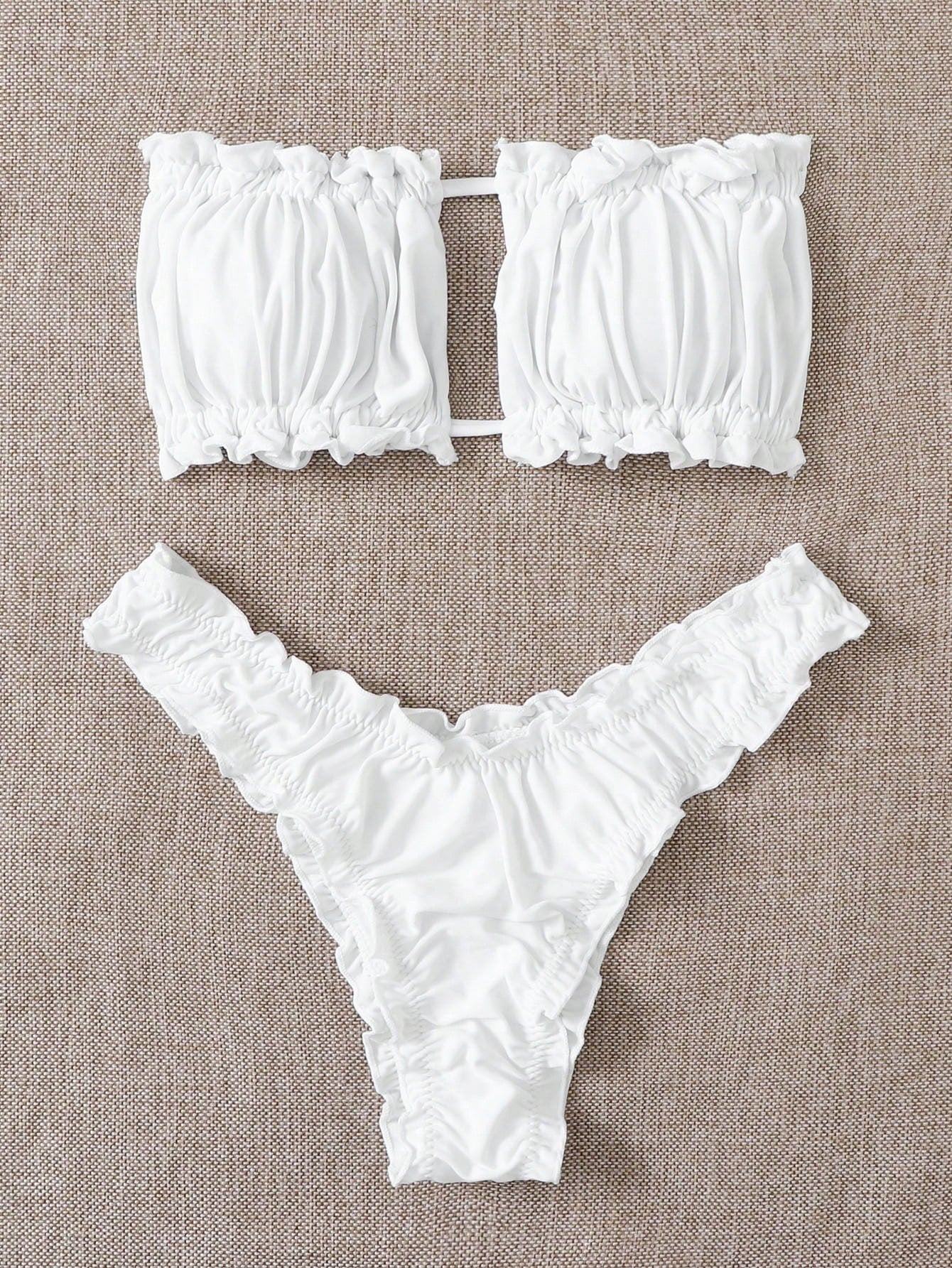 Swim Vcay Summer Beach Ruched Frill Trim Bandeau Bikini Set