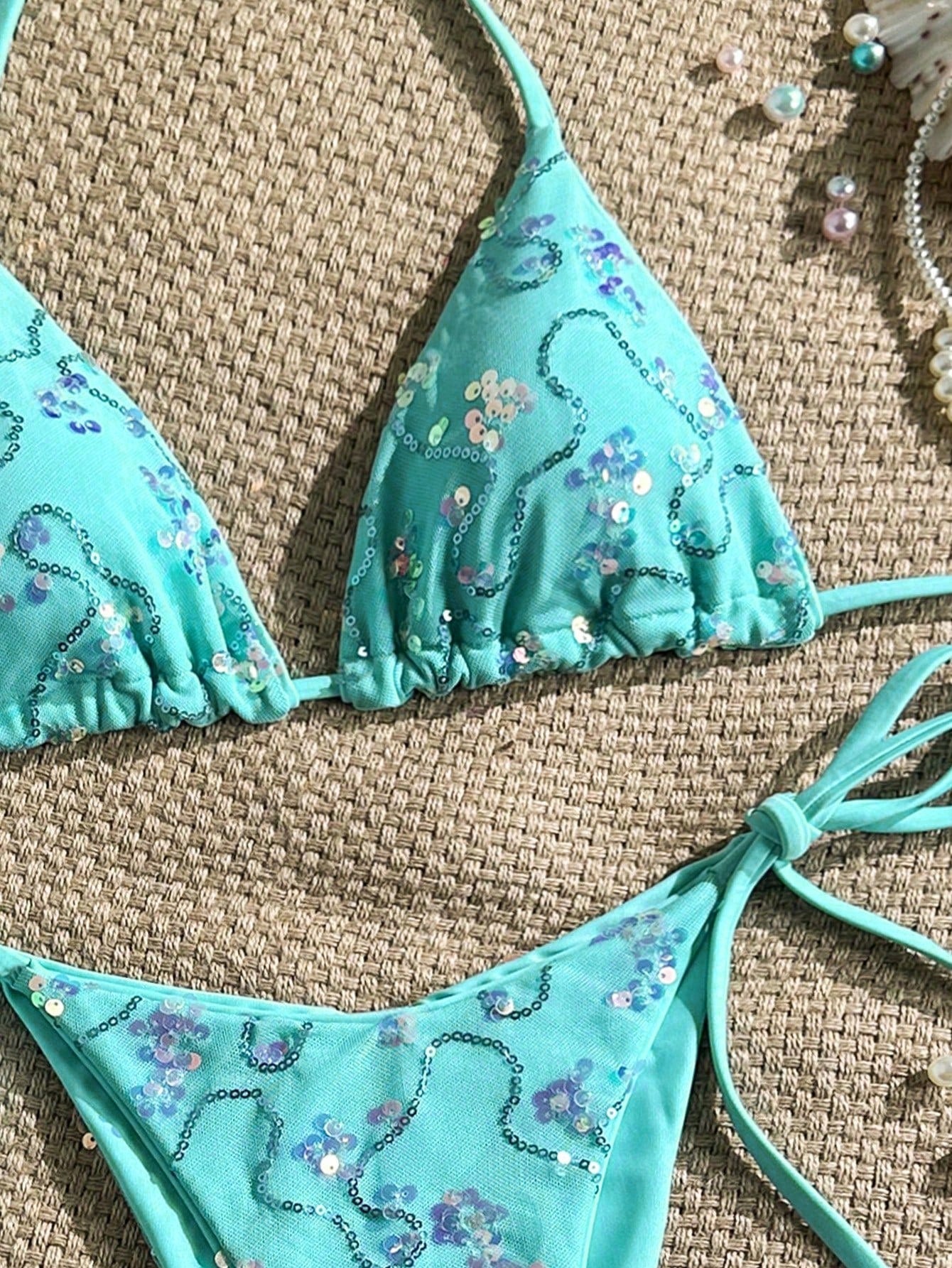 Costavie Women's 2 Pieces Colorful Sequin Triangle Cup Bra & Side Tie