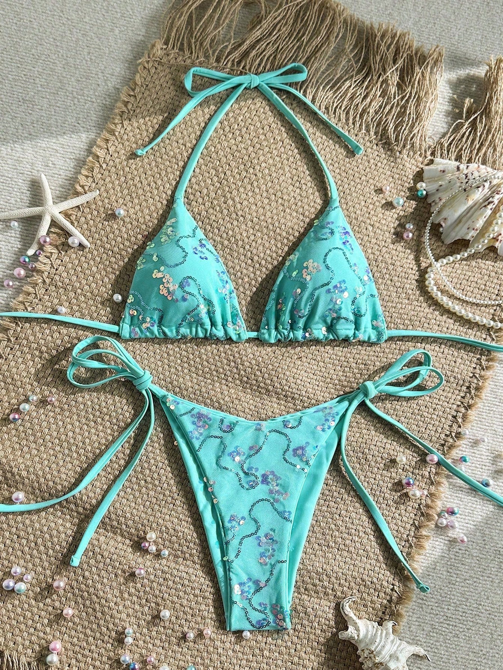 Costavie Women's 2 Pieces Colorful Sequin Triangle Cup Bra & Side Tie