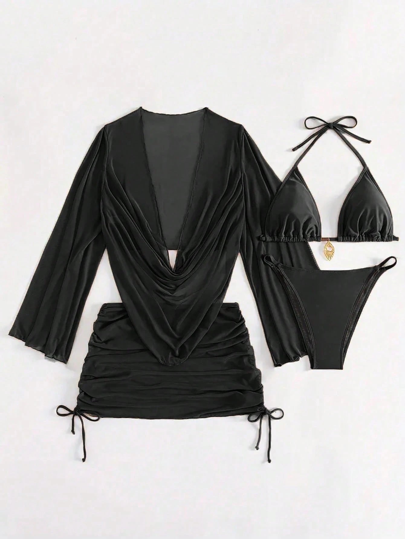 4pcs Sexy Solid Color Bikini Set With Sheer Cover-Up, Suitable For Vacation, Bea