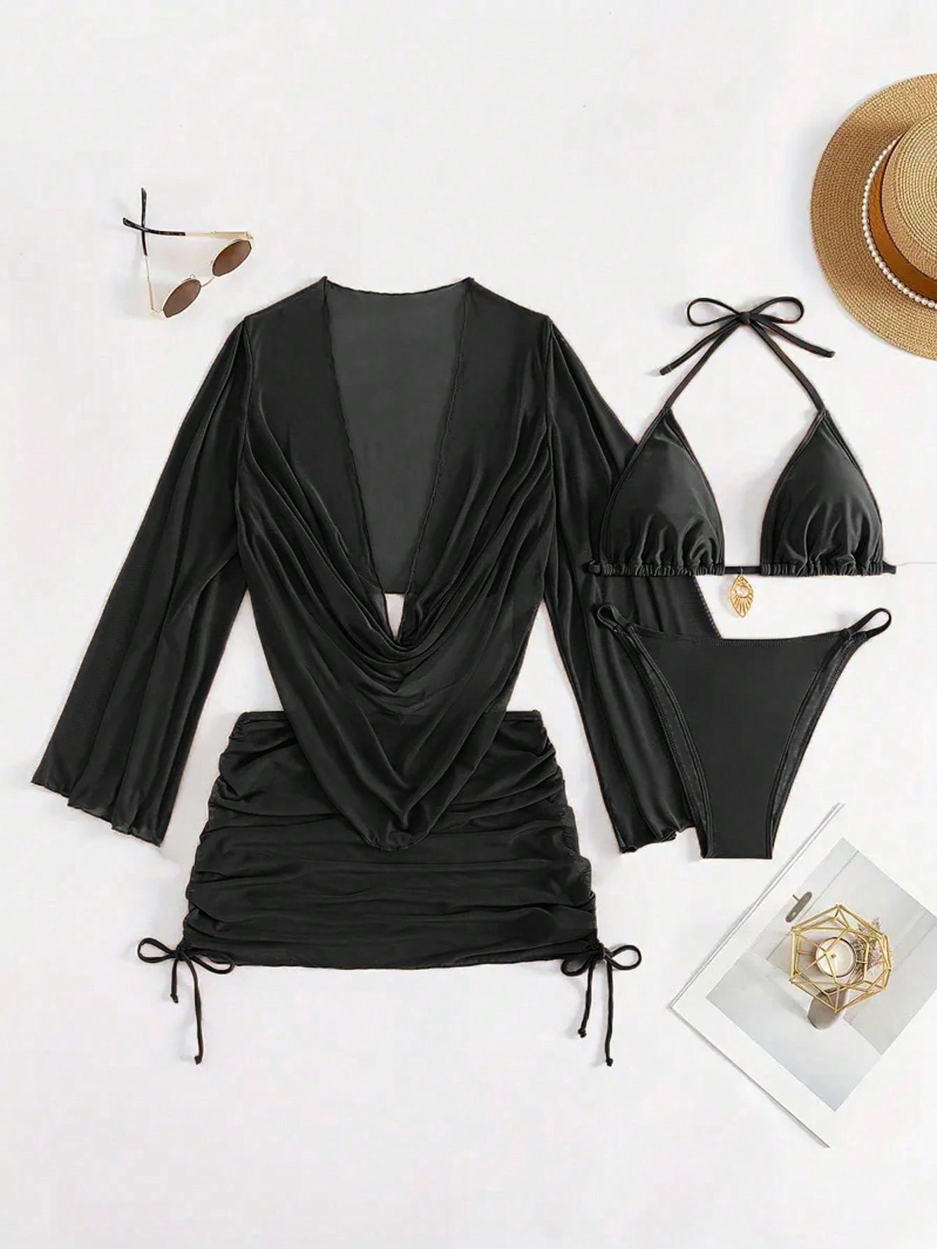 4pcs Sexy Solid Color Bikini Set With Sheer Cover-Up, Suitable For Vacation, Bea
