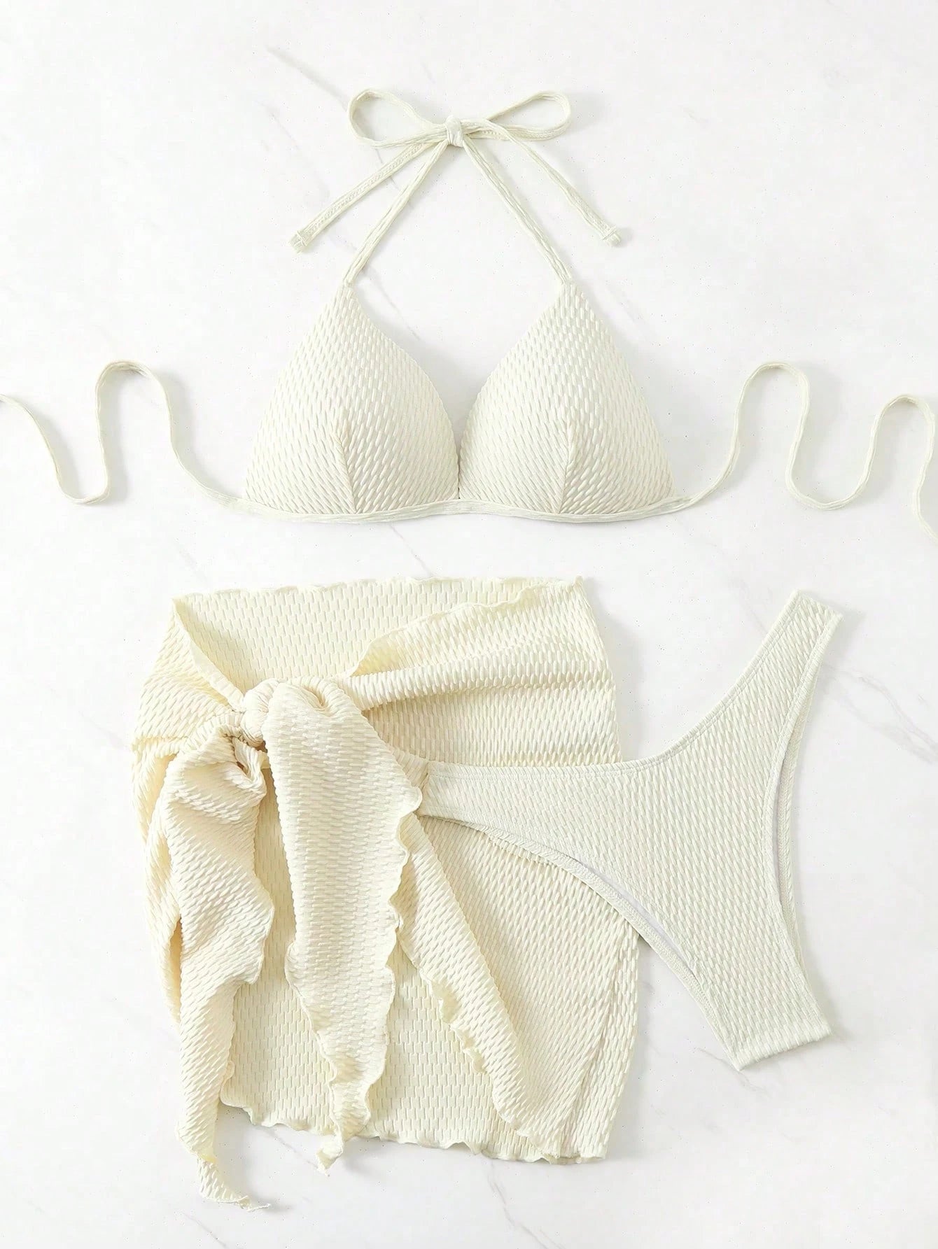 Swim SXY 3pcs/Set Halter Tie Bikini Top, Triangle Bottoms And Mini Skirt Swimsui