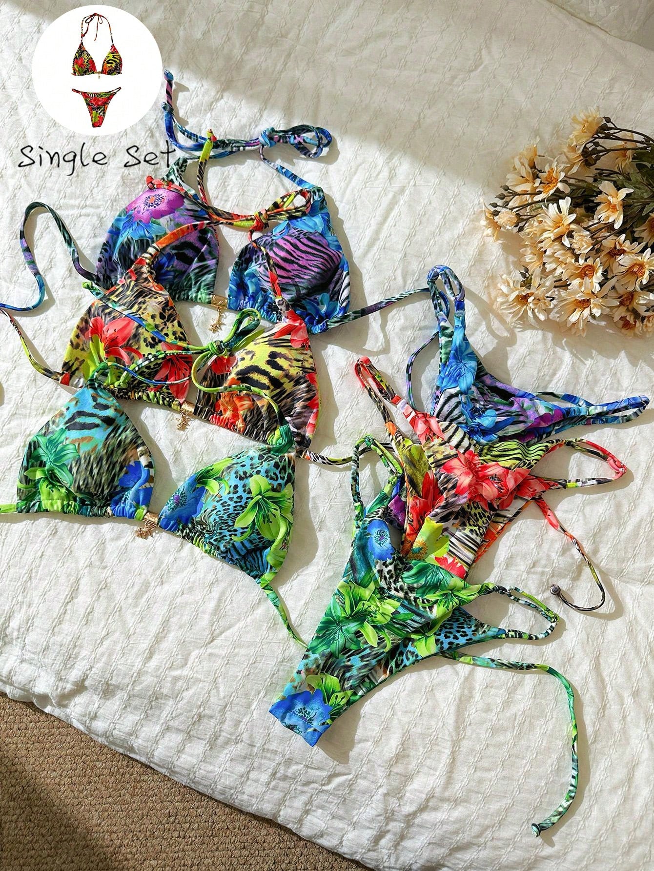Elavelle Springbreak Women Beach Outfit, Random Print Spaghetti Strap
