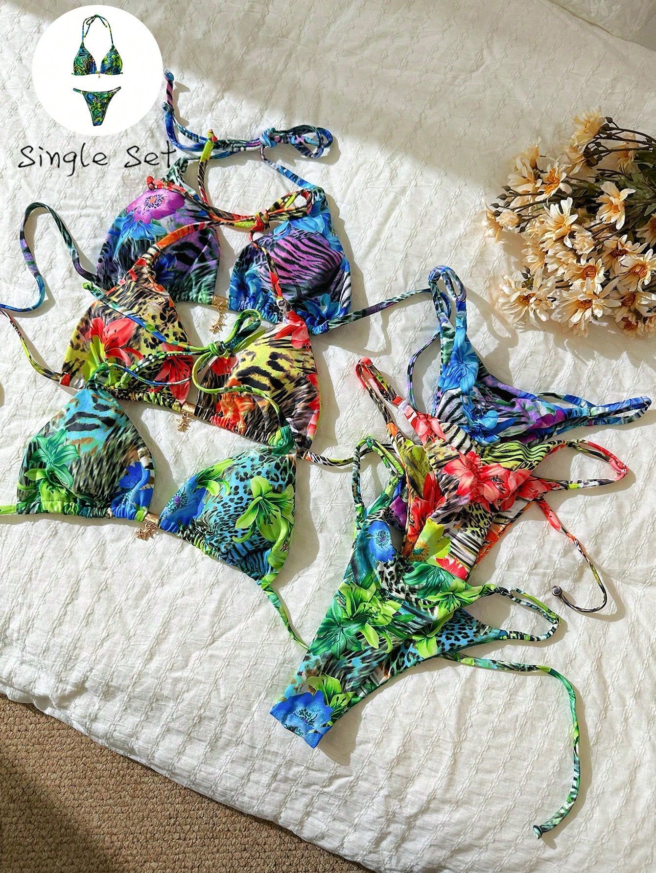 Elavelle Springbreak Women Beach Outfit, Random Print Spaghetti Strap