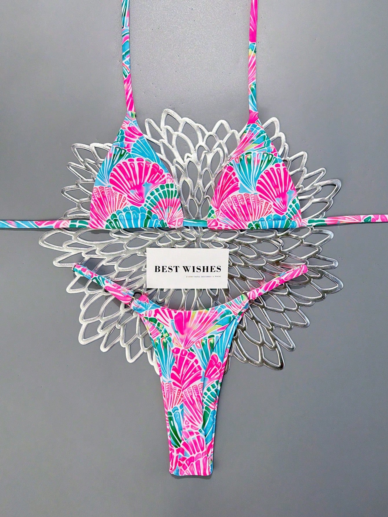 Swim Mod Women's 2 Pieces Bikini Set, Pink Stripe Triangle Spaghetti
