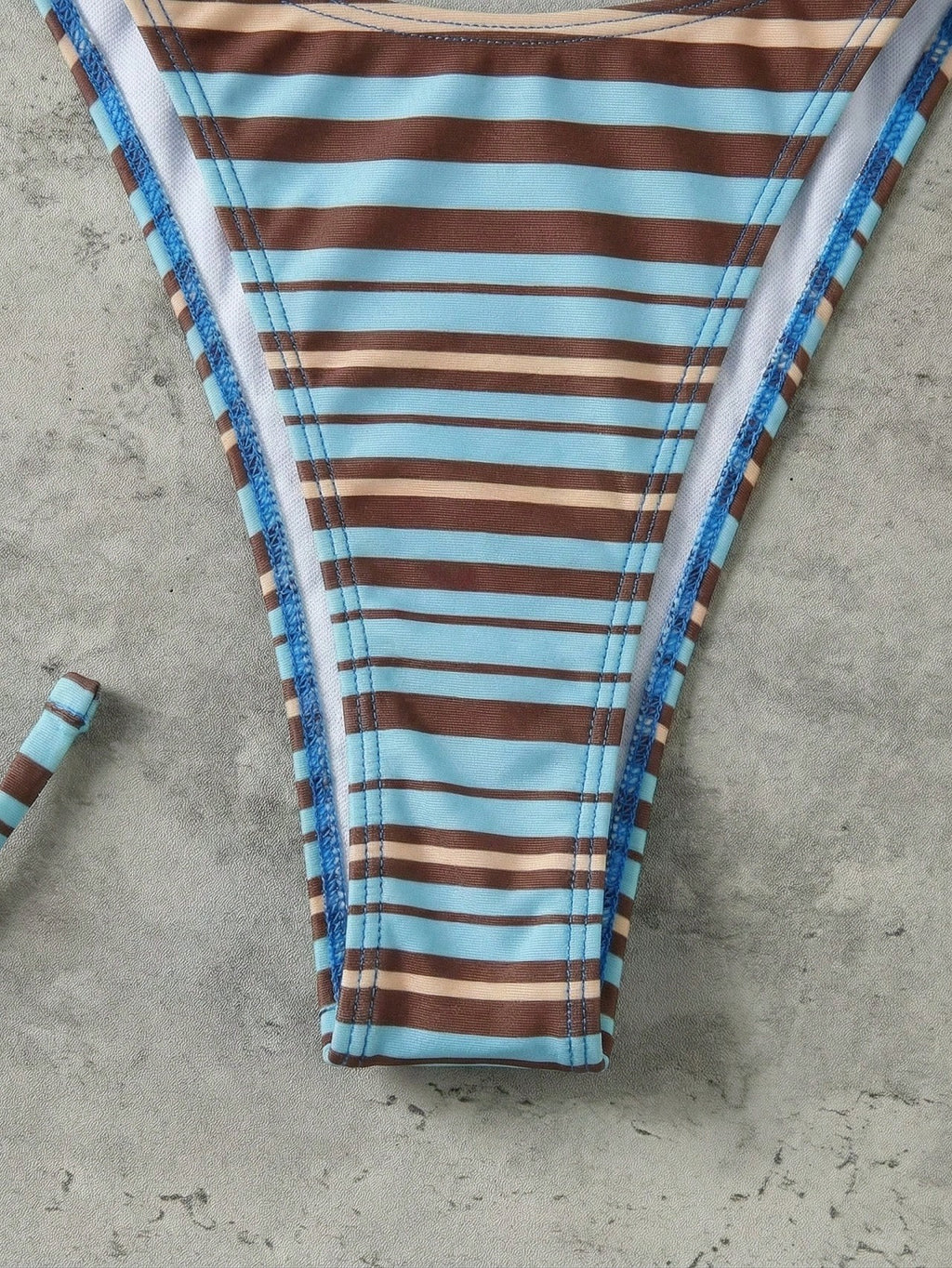 Retro Blue & Green Striped Spaghetti Strap Tie Bikini Set, Sexy