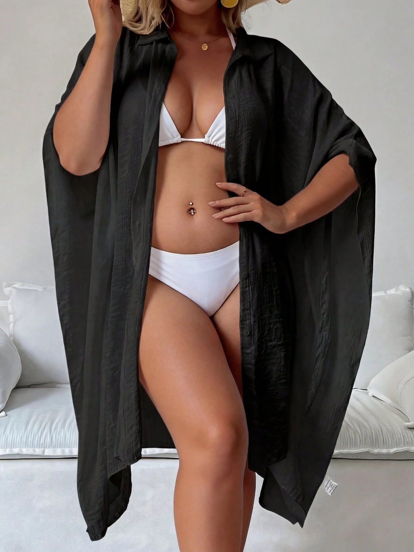 Plus Size Women's Summer White Batwing 3/4 Sleeve Cover Up, White , Single-Breasted Shirt, Solid Color , - image 17