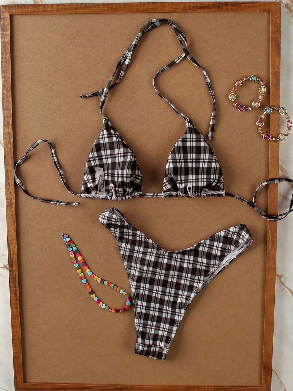 Women's Fashionable Elegant Red Plaid Print Sexy Halter Casual Bikini Set Set, Suitable For Beach Vacation, - image 16